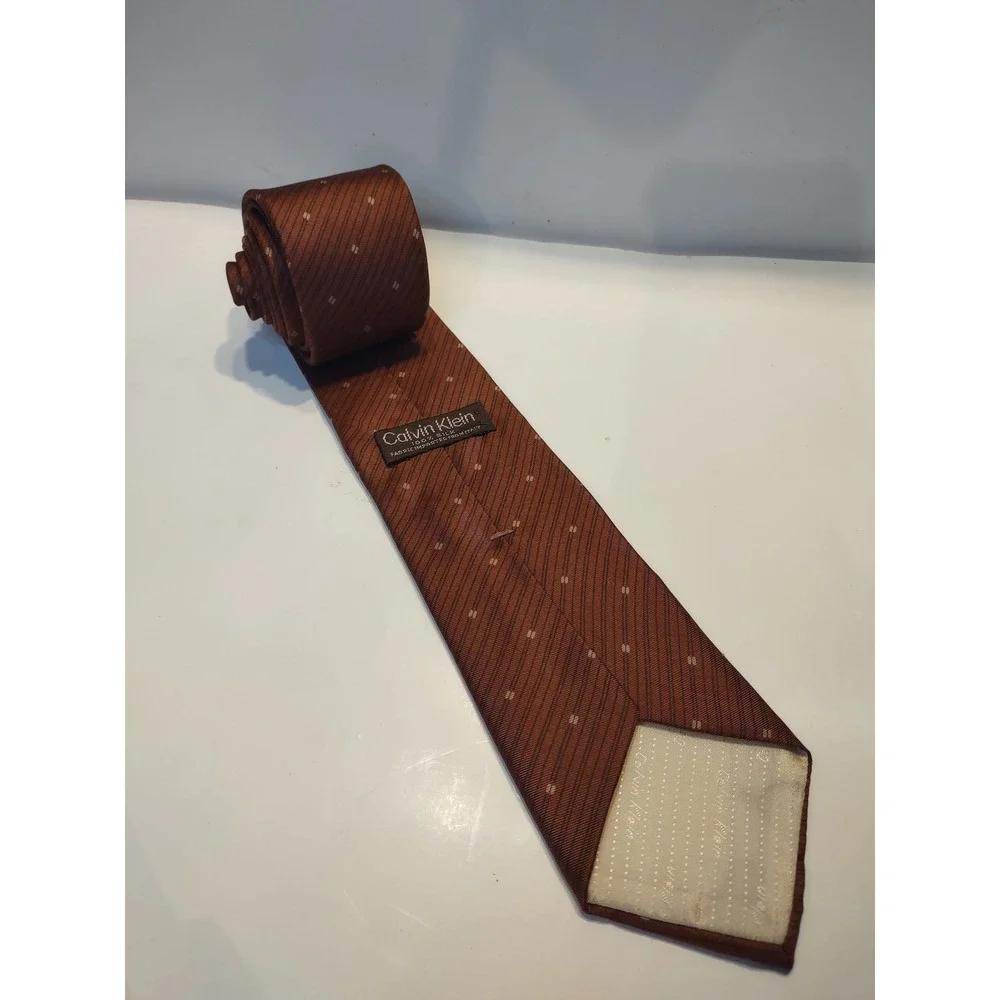 VTG Calvin Klein Italian Silk Tie Brown Striped Dotted Business Formal 57.5x3.25